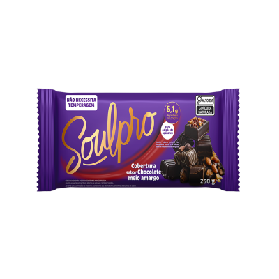 Barra de Cobertura Sabor Chocolate Proteico Meio Amargo Zero Açúcar Soulpro 250G